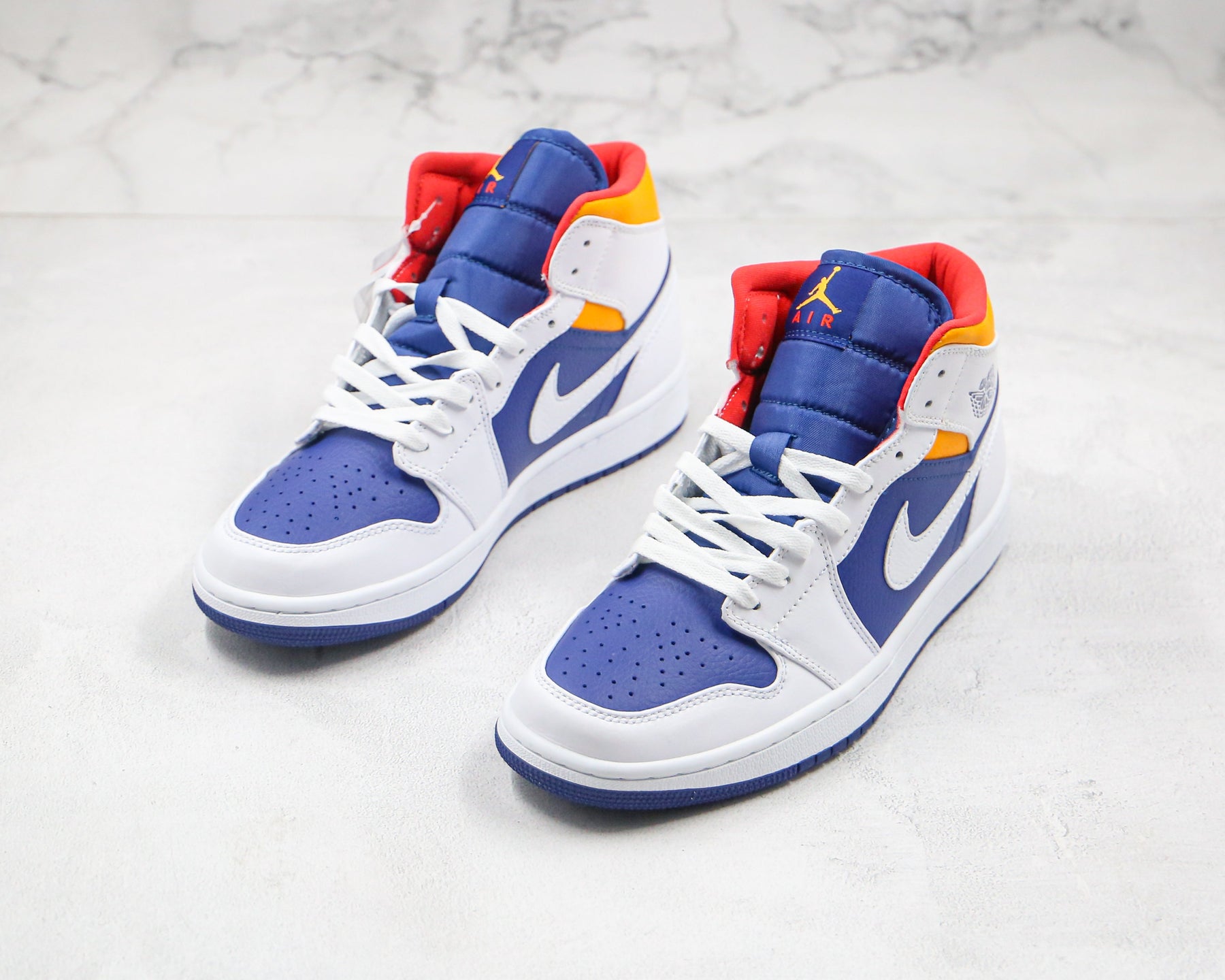 Jordan 1 Mid White Laser Orange Deep Royal Blue - Luxe Premium Brazil