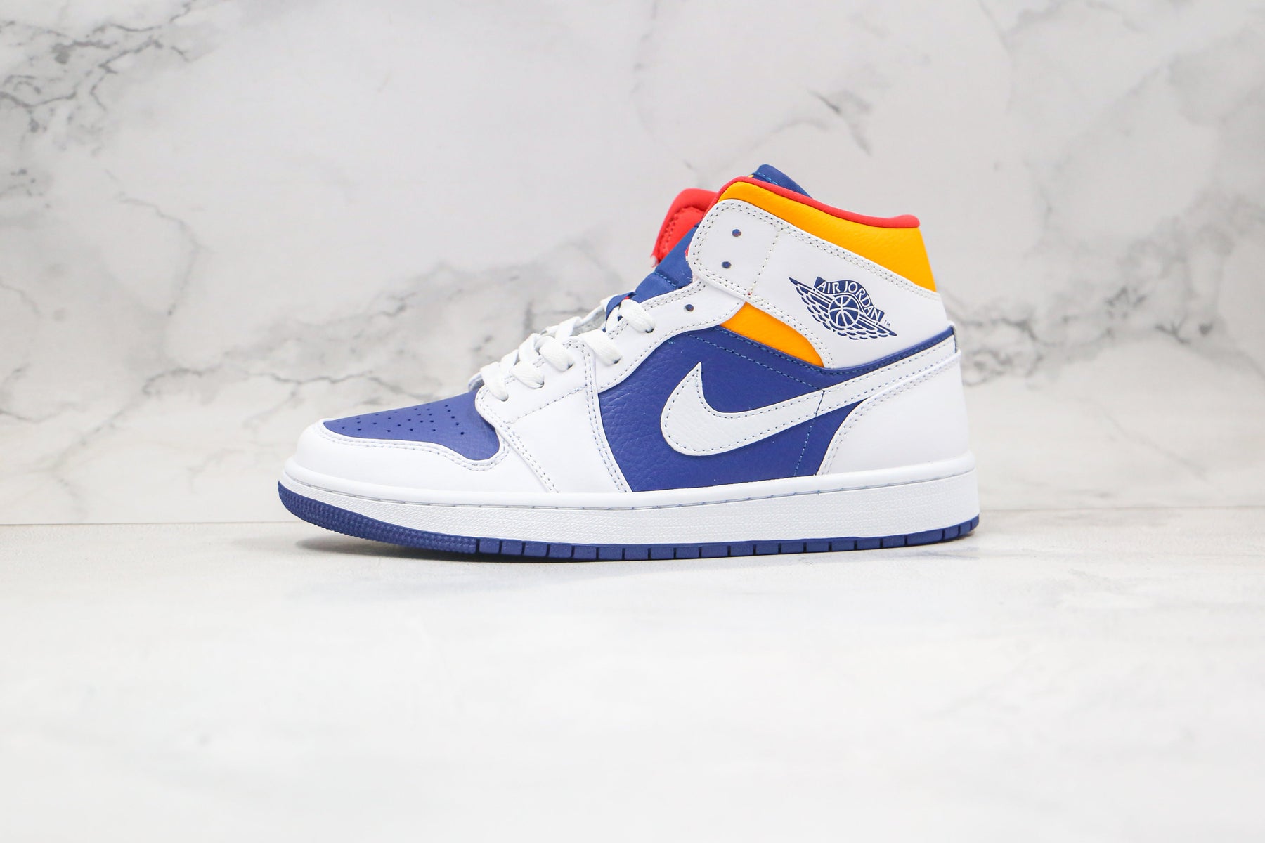 Jordan 1 Mid White Laser Orange Deep Royal Blue - Luxe Premium Brazil